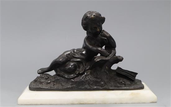 A French bronze of a girl reading, on a rectangular alabaster base height 18cm